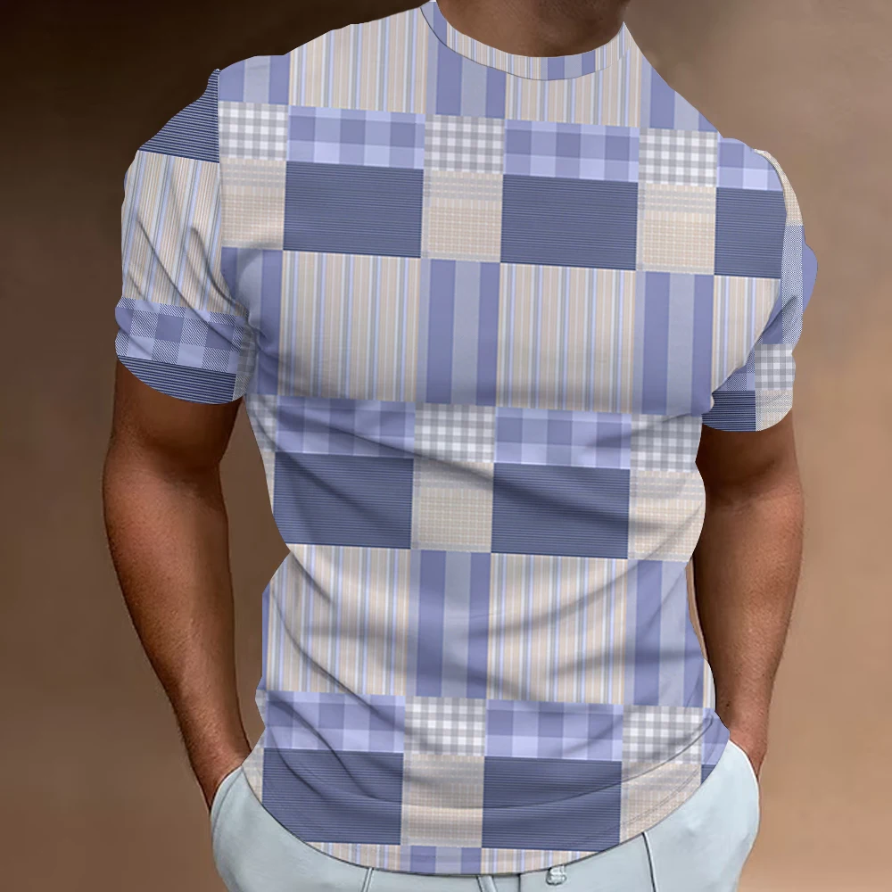 

Мужской простой клетчатый топ с коротким рукавом и круглым вырезом, с 3d принтом, фиолетовая Повседневная летняя повседневная мужская одежда больших размеров