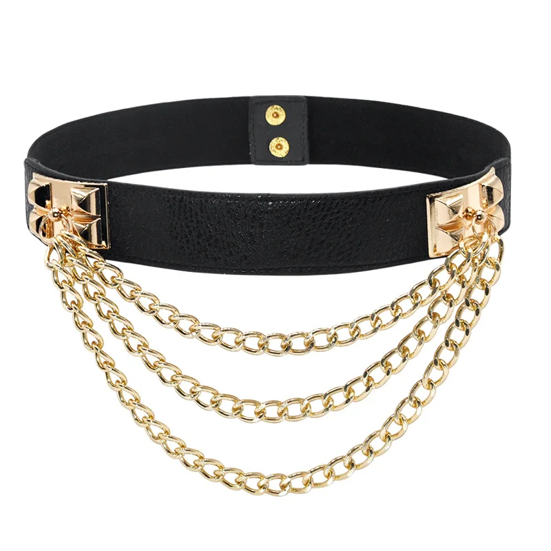 Women's Triple Layers Chain Punk Belt Black White Elastic Pu Leather