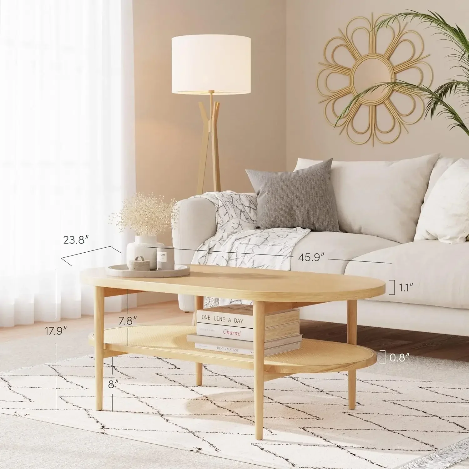 Sonia Coffee Table with Storage Shelf, Light Wood/Rattan 6