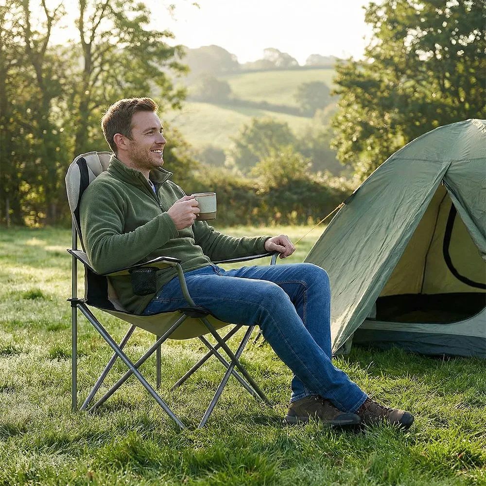 Klappbarer Campingstuhl, extra breiter Sitz, Outdoor-Stuhl mit Getränkehalter & Armlehne, Gartenstuhl für draußen, Angeln, Strand – Detail 7