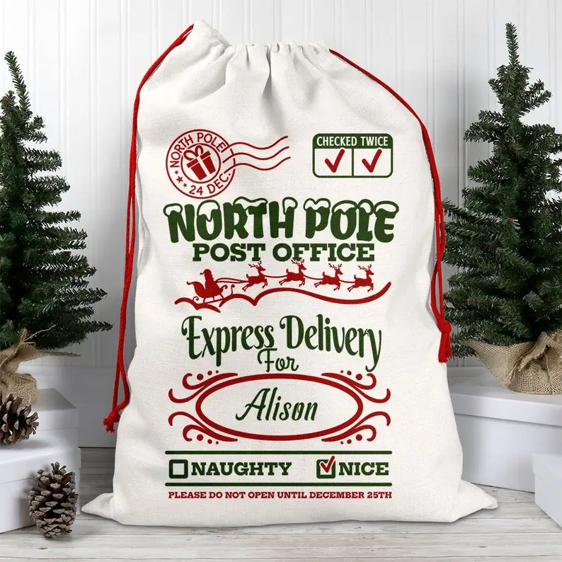 Large Linen Sack for Christmas North Pole Express Delivery Santa Sack