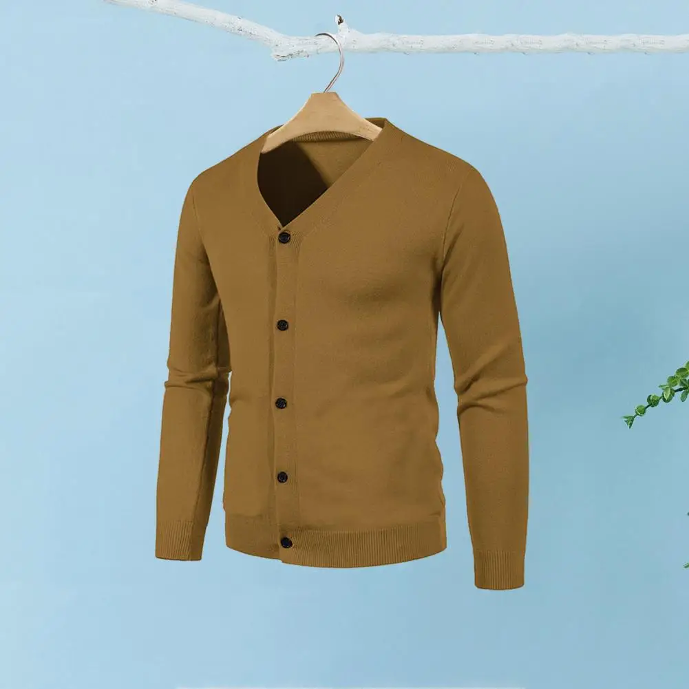 

Men Autumn Winter Solid Color Sweater Coat V-neck Long Sleeve Single Breasted Ribbed Trim Slim Fit Knitting Cardigan Streetwear