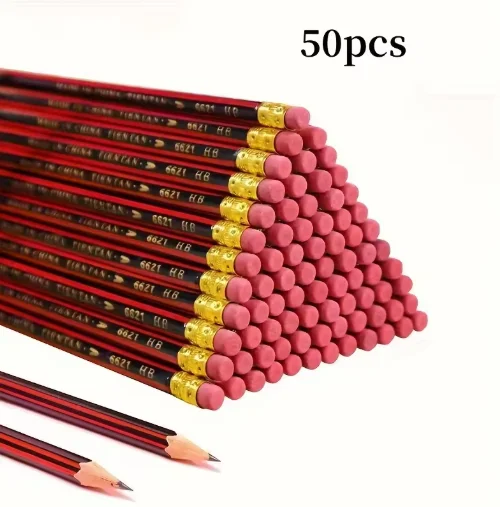 50pcs HB Wooden Pencils with Erasers - Red & Black Barrels for Writing Drawing and Sketching - For Students and Office Supplies 1