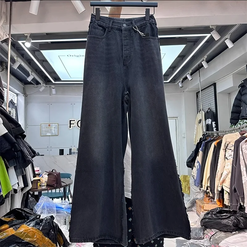 

2023 Splicing Style Jeans Men Women Top Quality Fake Two Pieces Raw Edge Trousers Vintage Pants
