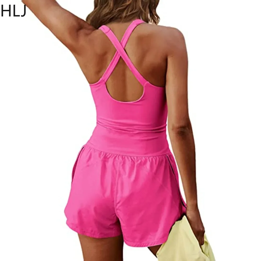 HLJ Casual Solid Color Hollow Tank Top Rompers Women Round Neck Strap Sleeveless Sporty Jumpsuits Female Backless Slim Overalls