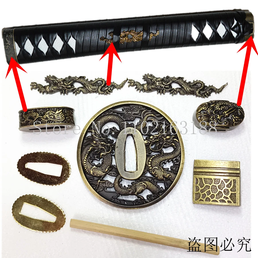 

A Set Japanese Samurai Sword Katana/Wakizashi/Tanto Guard Fittings Dragon Tsuba+Menuki+Fuchi+Kashira+Handle+Habaki+Seppa