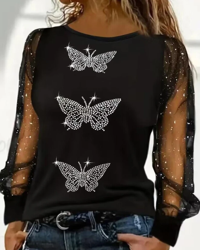 

Elegant Style Women's Tee Casual Fashionable O-Neck Long Sleeve Rhinestone Butterfly Decoration Pattern Glitter Mesh Patch Top