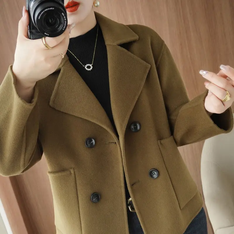 Women's Double-Sided Cashmere Coat, Loose Short Coat, Monochromatic Outerwear, Female Fashion, Temperament, Autumn, Winter,2024