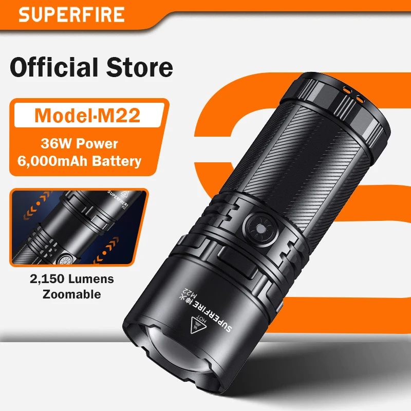 2025 SUPERFIRE M22(Y2) 장거리 고출력 줌 손전등 Type-c 충전식 강력한 빛 18650 배터리 비상 랜턴
