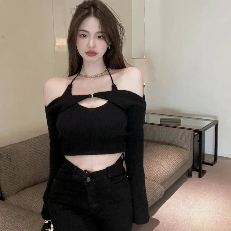 여성용 단색 오프 숄더 홀터넥 캐미솔, 짧은 가디건 뜨게 셔츠, 풀오버 크롭탑, 2 개 세트