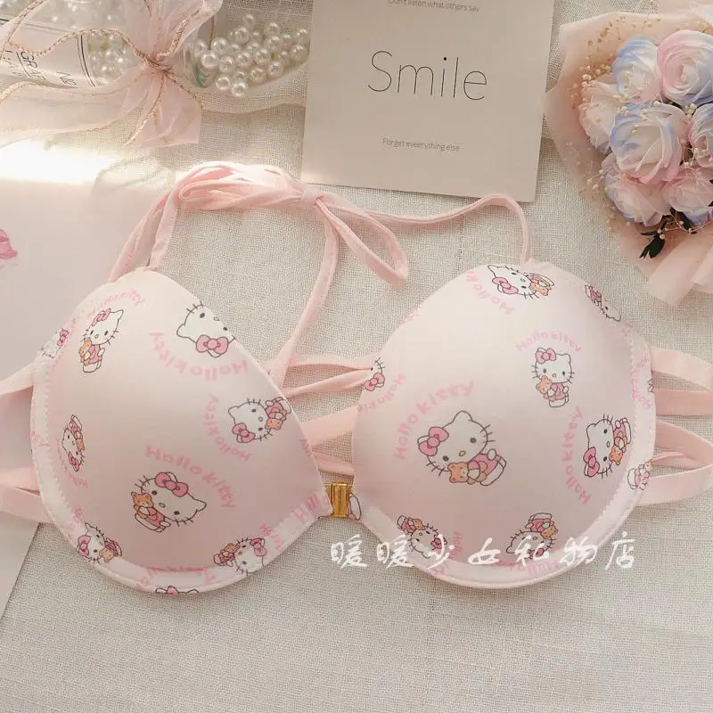 Hello Kitty Sanrio Kawaii Cartoon Girls Bra Front Buckle Hanging Neck Strap  Cute Pachacco Small Chest Student Underwear