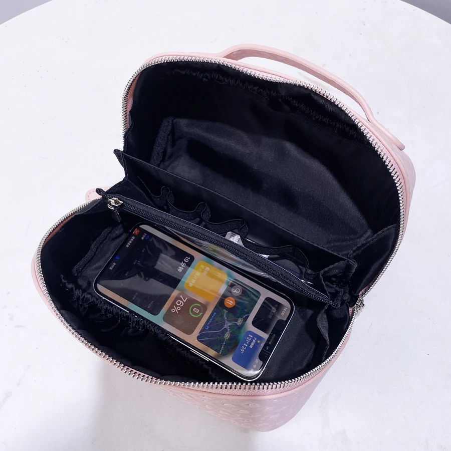 Genuine Leather Cowhide Pink Ostrich Pattern Makeup Box Bags For Women Luxury Designer Handbag New Toiletry Portable Travel Sto 6