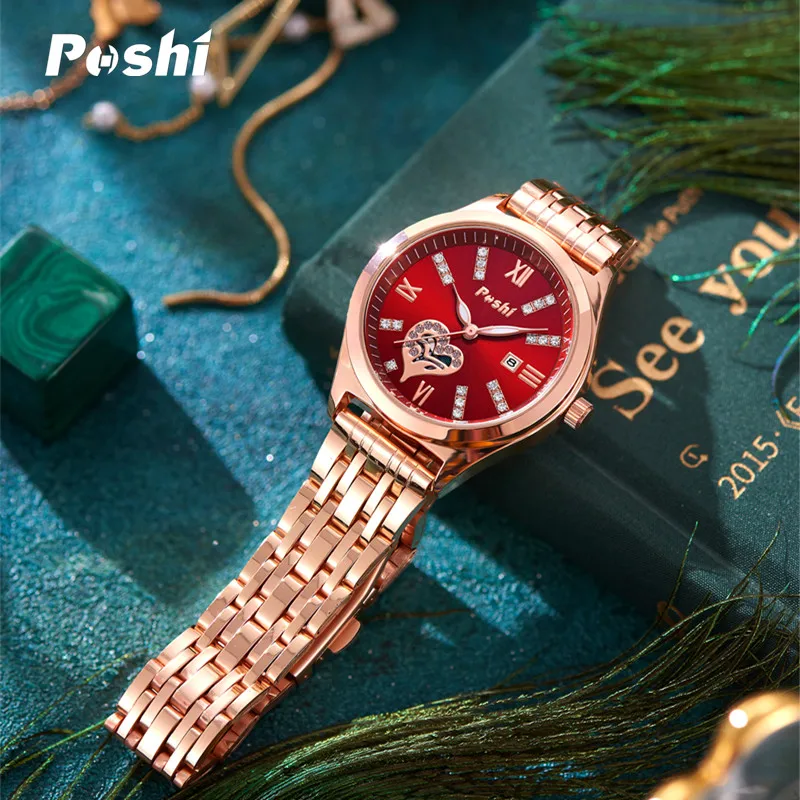 POSHI Women Watches Fashion Stainless Steel Date Ladies Wristwatch Waterproof Quarzt Watch Girlfriend Gift Relogio Feminino 6