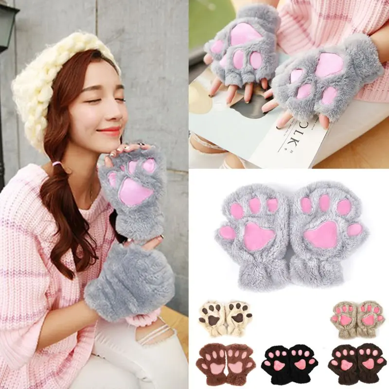 

Lovely Women Bear Cat Claw Paw Mitten Plush Gloves Short Finger Half Gloves Ladies Half Cover Female Gloves