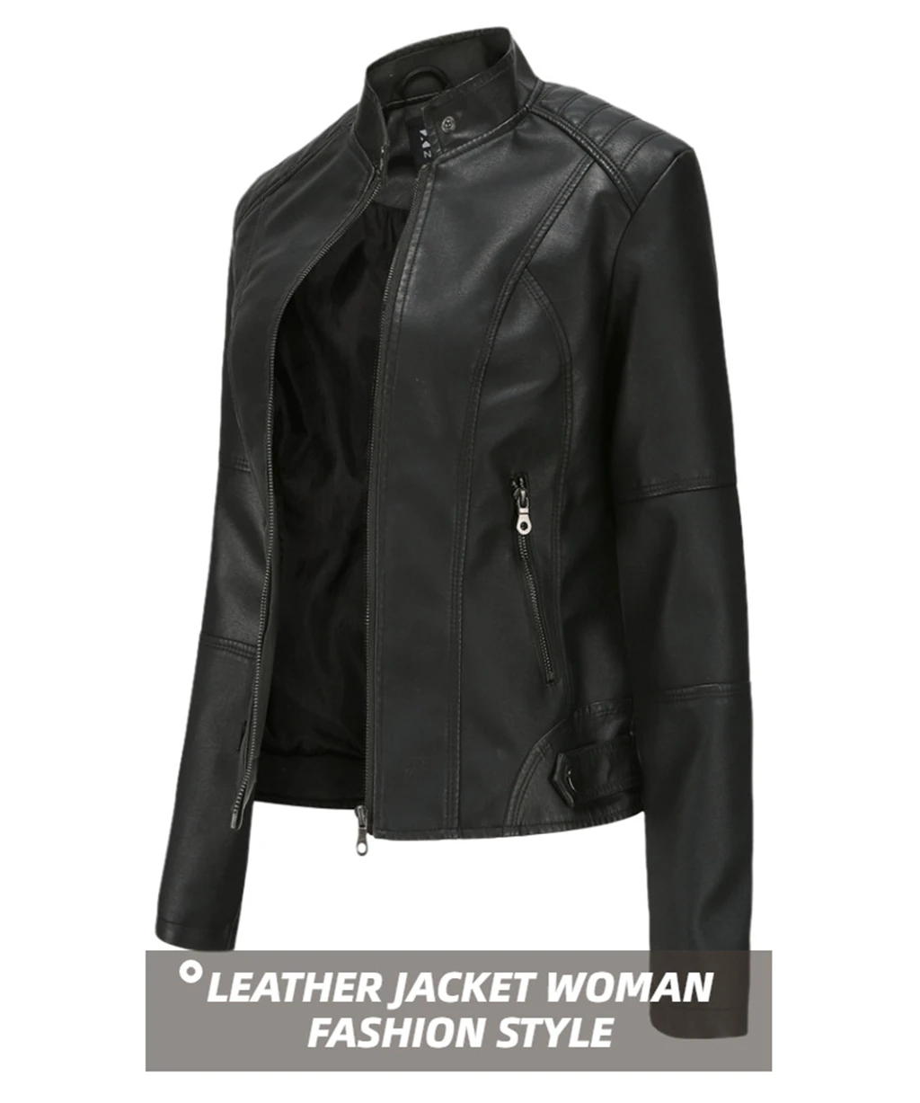 European Size Women\'s Leather Jacket Slim Fit Jacket Thin Spring and Autumn Jacket Women\'s Motorcycle Suit Large Standing Collar
