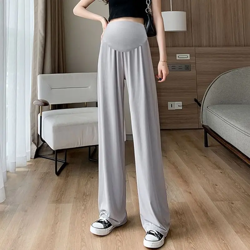 Summer Women's Maternity with Pockets Large Size Maternity Trousers Outside Wearing Thin Section of Ice Silk Draped Wide-Legged 6