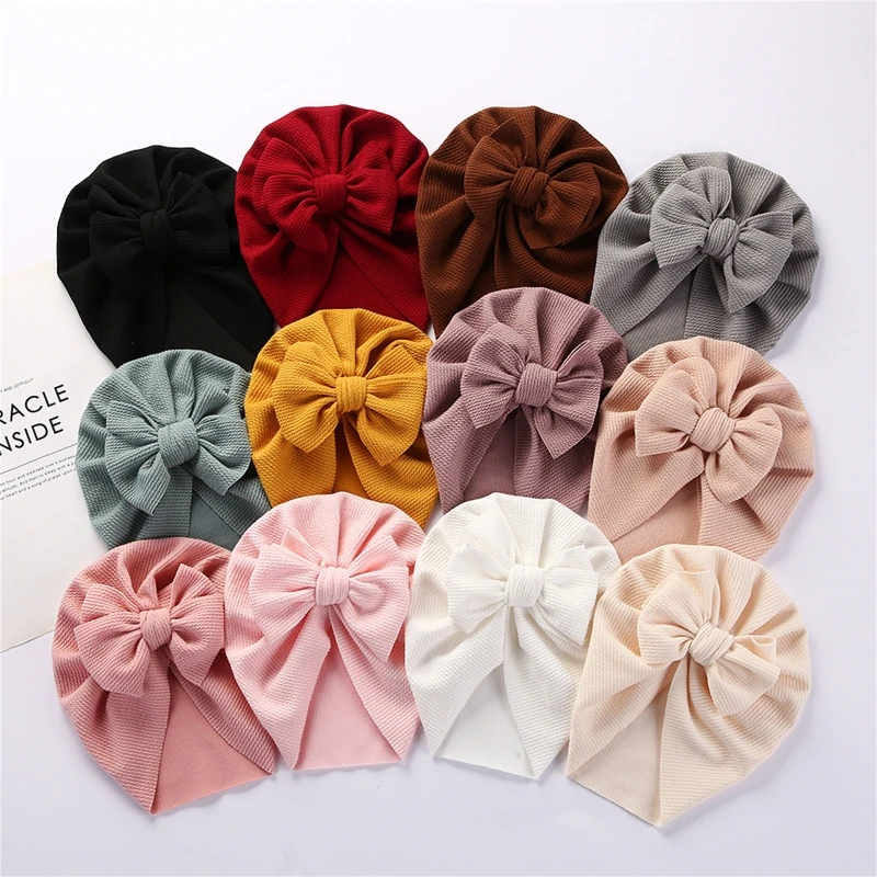 2022 Cotton Baby Hat Solid Color Big Bow Baby Girls Beanie Cap Toddler Kids Baby Boy Turban Headwrap Hospital Caps Accessories