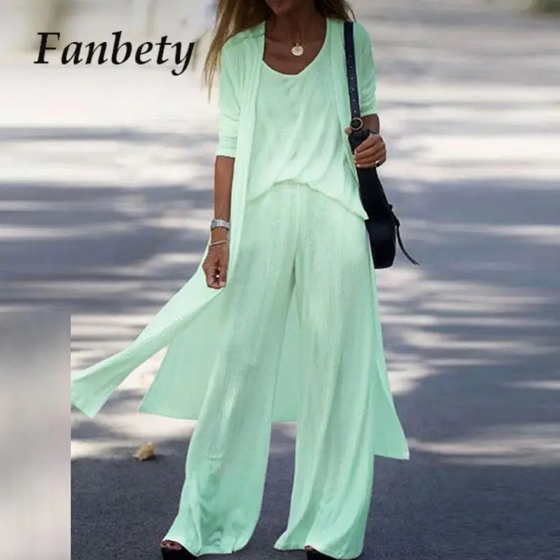 

Spring Casual V-neck Tank Top+Long Sleeve Cardigan+Drawstring Wide Leg Pants Suit Women Fashion Solid Three Piece Beach Sets