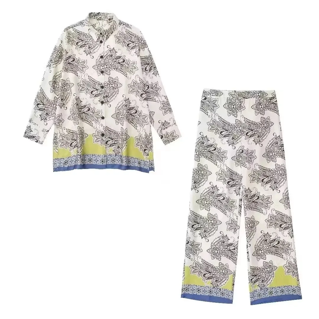 

SuperAen Autumn New European and American Style Printed Shirt Wide Tube Pants Set for Women