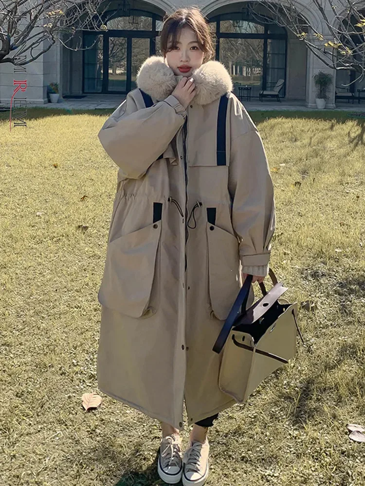 

LANMREM 2023 Winter New Long Cotton Coat Women Hooded Contrast Color Drawstring Pockets Female Clothing Korean Style 2AA3259