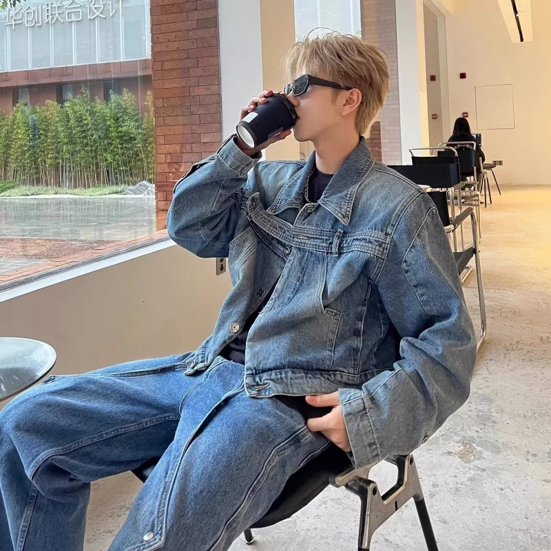 Mens Cropped Denim Jacket Korean Fashion Vintage Turn-down Collar