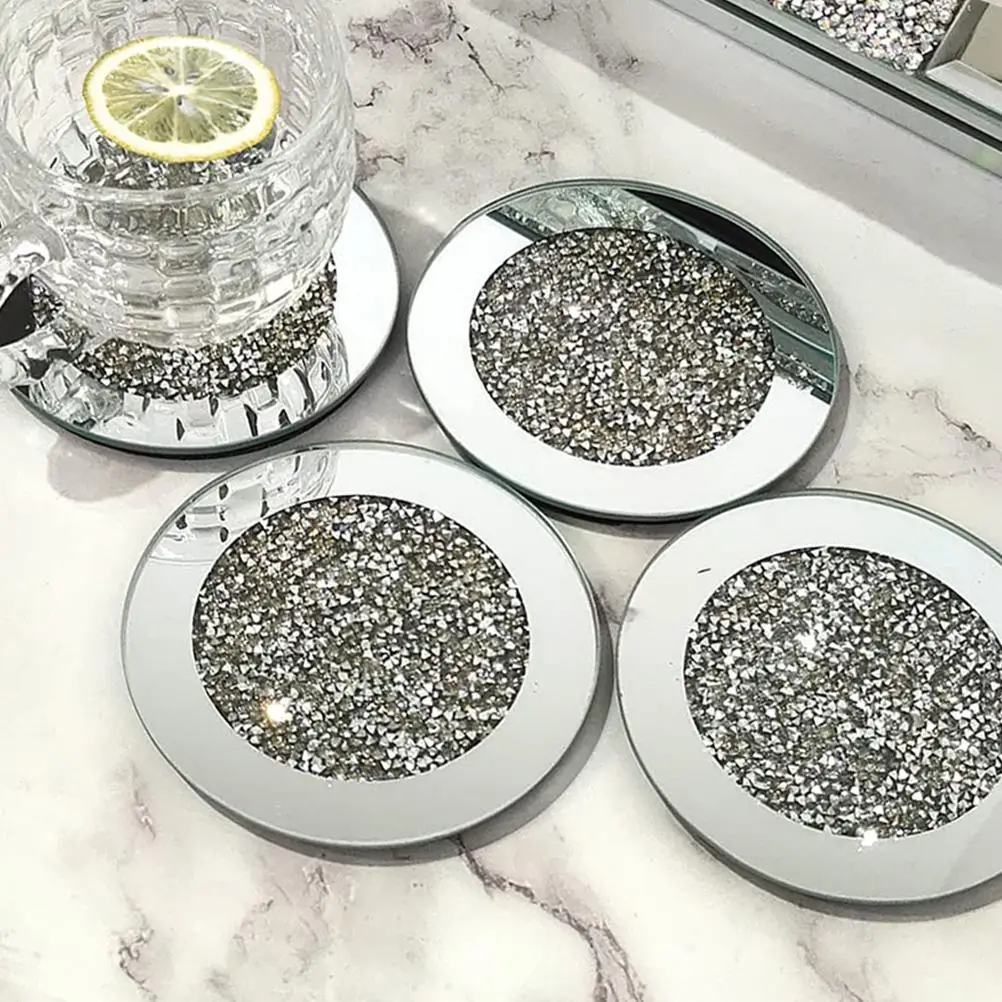 

4Pcs Glass Mirrored Coaster Crushed Diamond Cup Mat Cups Pad Tabletop Decor for Restaurant Kitchen Bar Dining Table 4x4inch