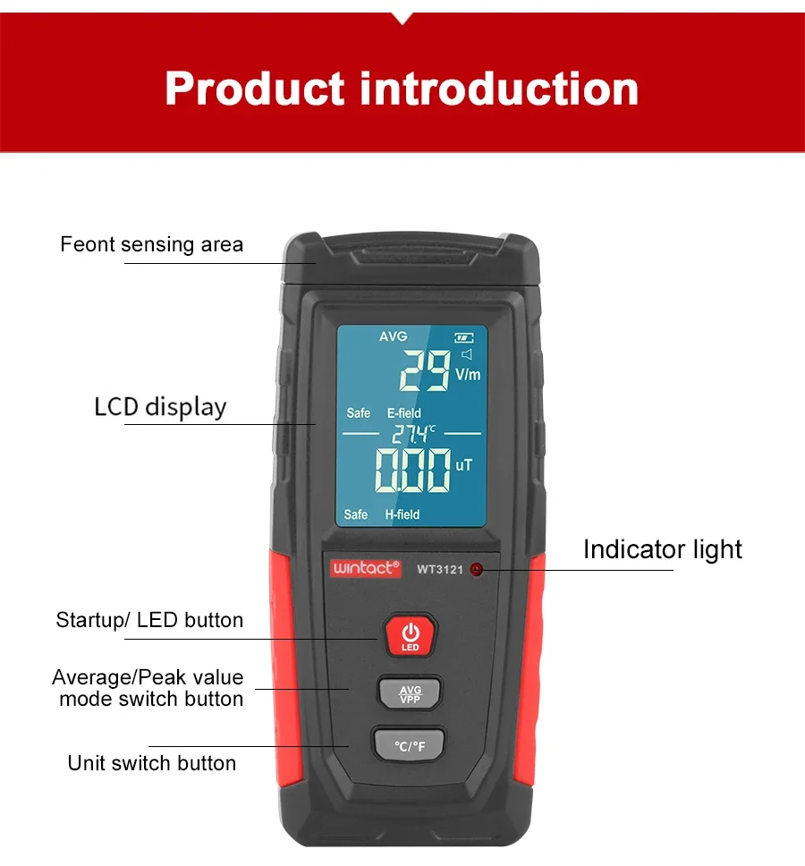 WT3121 Handheld Digital LCD EMF Meter Electric Magnetic Field Dosimeter Detector Electromagnetic Radiation Tester