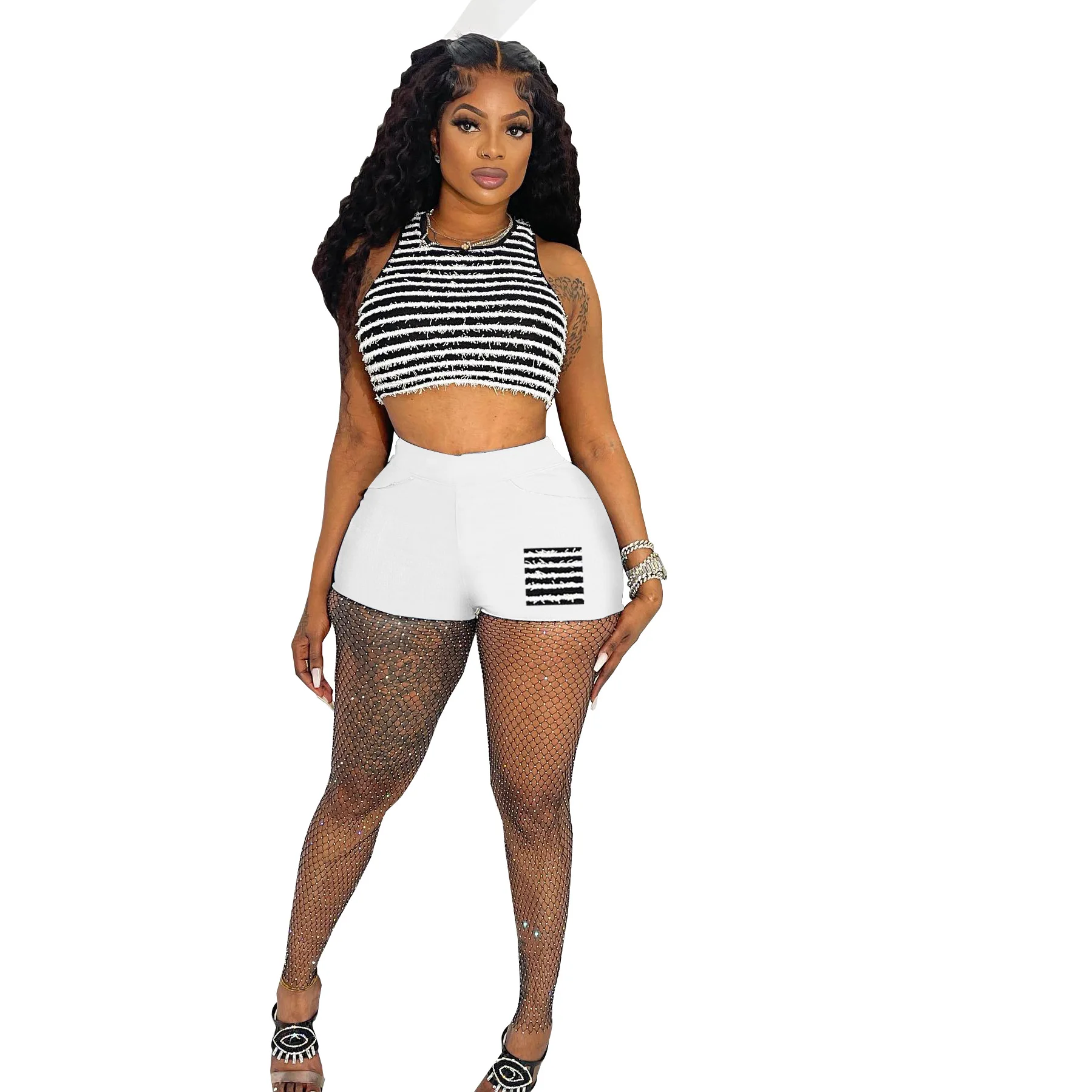 Black White Stripes Women 2 Piece Set Sleeveless Crop Tank Top Skinny Biker Shorts Matching Set 2023 Summer Sexy Slim Tracksuit