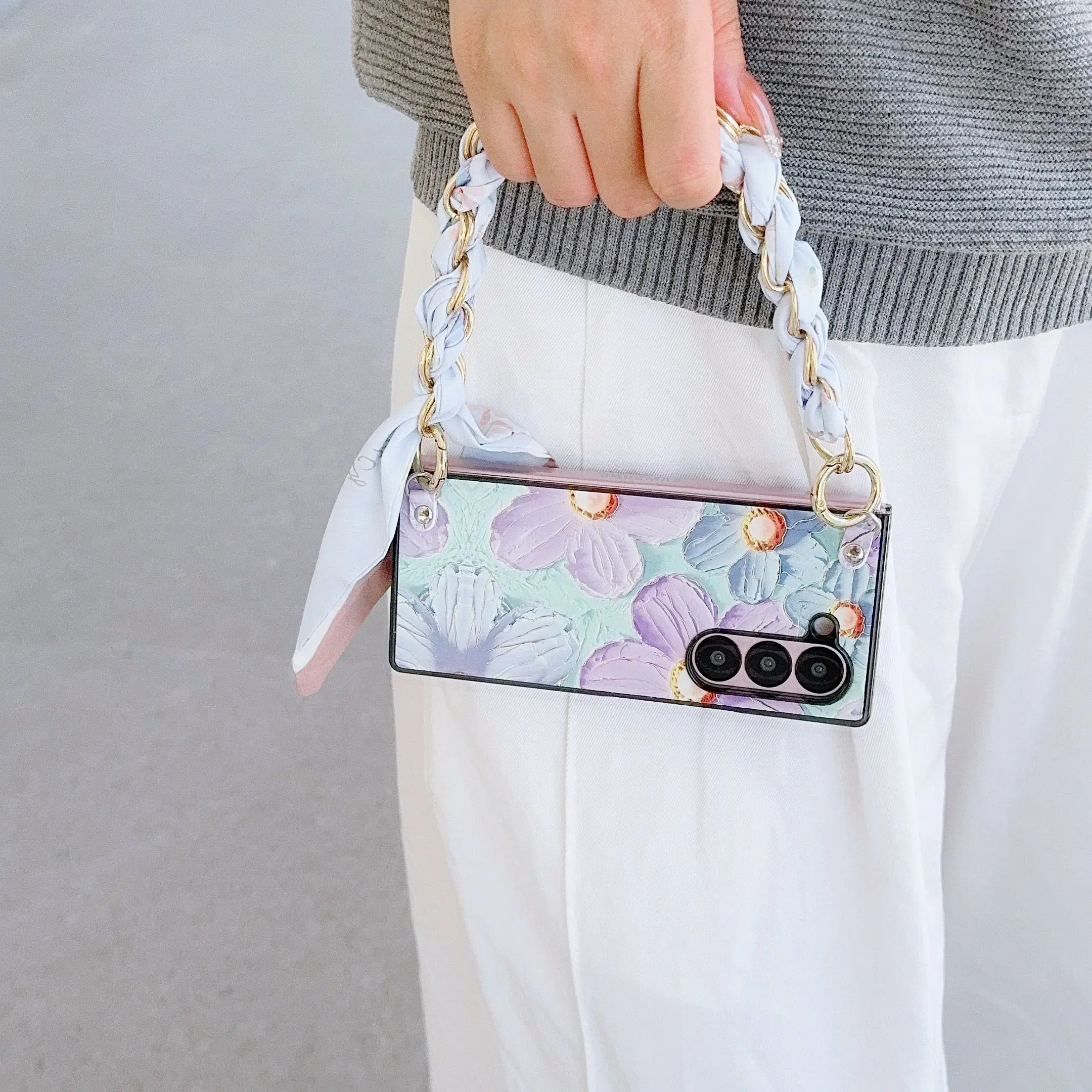 Floral PU Leather Phone Case with Hinge Protection & Scarf Wrist Chain Bracelet