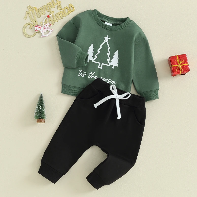 

Baby Pants Outfits Toddler Christmas Tree Print Round Neck Sweatshirt and Pants Set Kids 2 Piece Suits