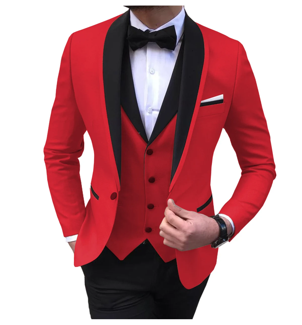 

Slit Mens Suits 3 Piece Black Shawl Lapel Casual Tuxedos For Wedding Groomsmen Suits Men Blazer+Vest+Pants