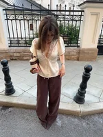 Rétro dentelle profonde col en v chemise femmes Chic solide à lacets boutons chemises minces femme 2025 été polyvalent mode rue hauts 1