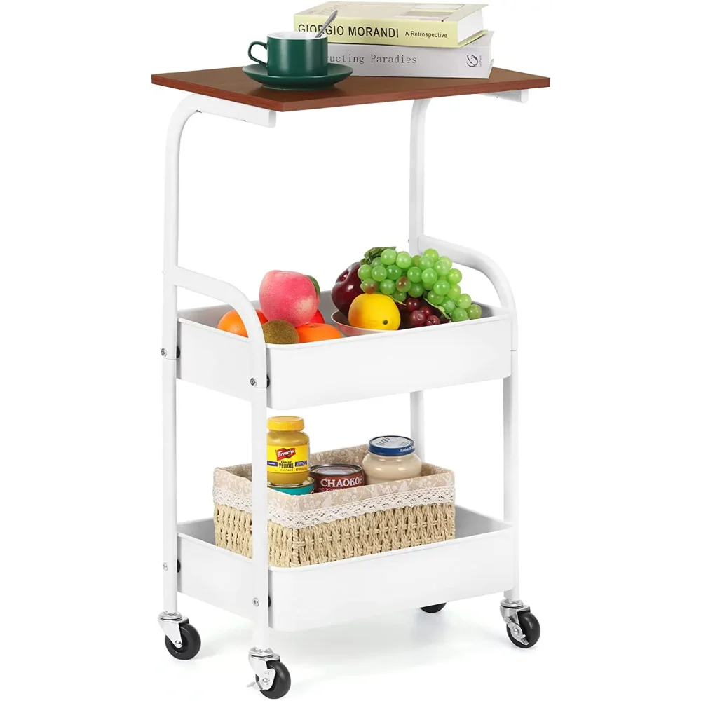 

NEW Kitchen Islands & Carts Oumilen 3-Tier Kitchen Rolling 16.54" Storage Cart with Wooden Tabletop, White