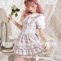 Japanese Sweet Cute Bow Short Sleeve Doll Collar Lace Fungus Lace Ribbon Slim Cake Lolita Pink Plaid Dresses Shorts Suits Women - Image 3
