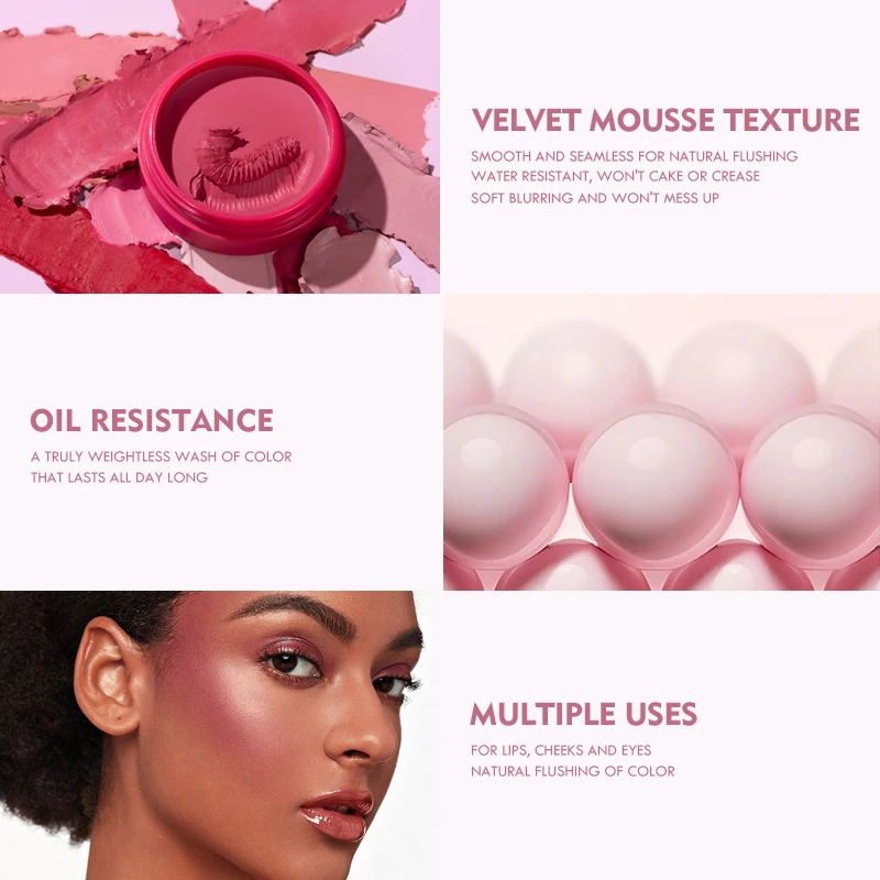 Velvet Mousse Blush-Water-Resistant, Brightening, Long-Lasting, Oil-Resistant, Multi-Use for Lips, Cheeks, Eyes blush cream cream blusher facial blusher