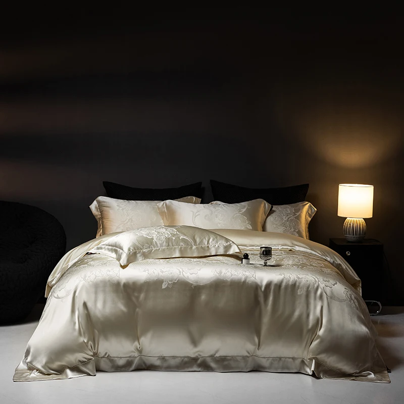 4Pcs Champagne Silk Damask Jacquard Egyptian Cotton Patchwork Luxury Bedding Set Duvet Cover Flat/Fitted Bed Sheet Pillowcases 3