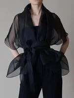 Organza Mesh Blouse for Women Stand Collar Lace-up See Through V-Neck VCasual Elegant Office Lady Half Sleeve Blouse Top