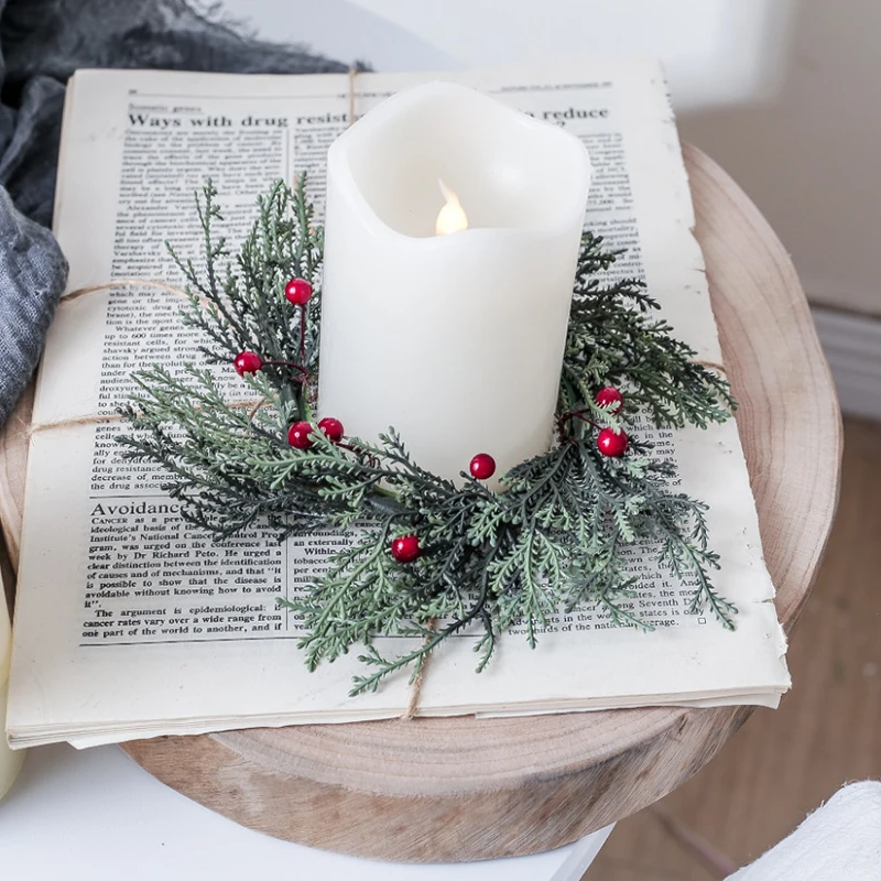 20cm Wedding Table Red Fruits Candle Ring Artificial Leaves Wreath Candle Wreaths Artificial Pine Branches Christmas Home Decor