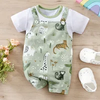 IURNXB Adorable Infant Zoo Animal Print Romper for Boy Newborn Baby Faux Two-Piece Bodysuit with Short Sleeves Casual Play Wear 1