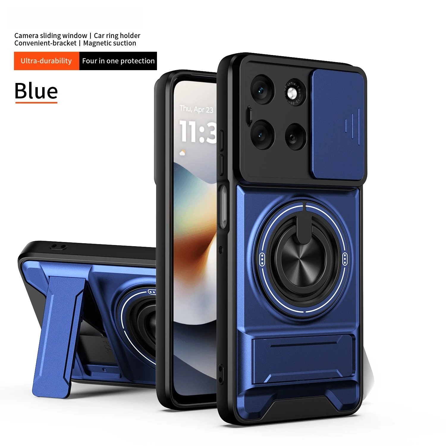 Slim Magnetic Ring Protective Phone Case with Sliding Window and Double Bracket - Durable Hard Shell Design