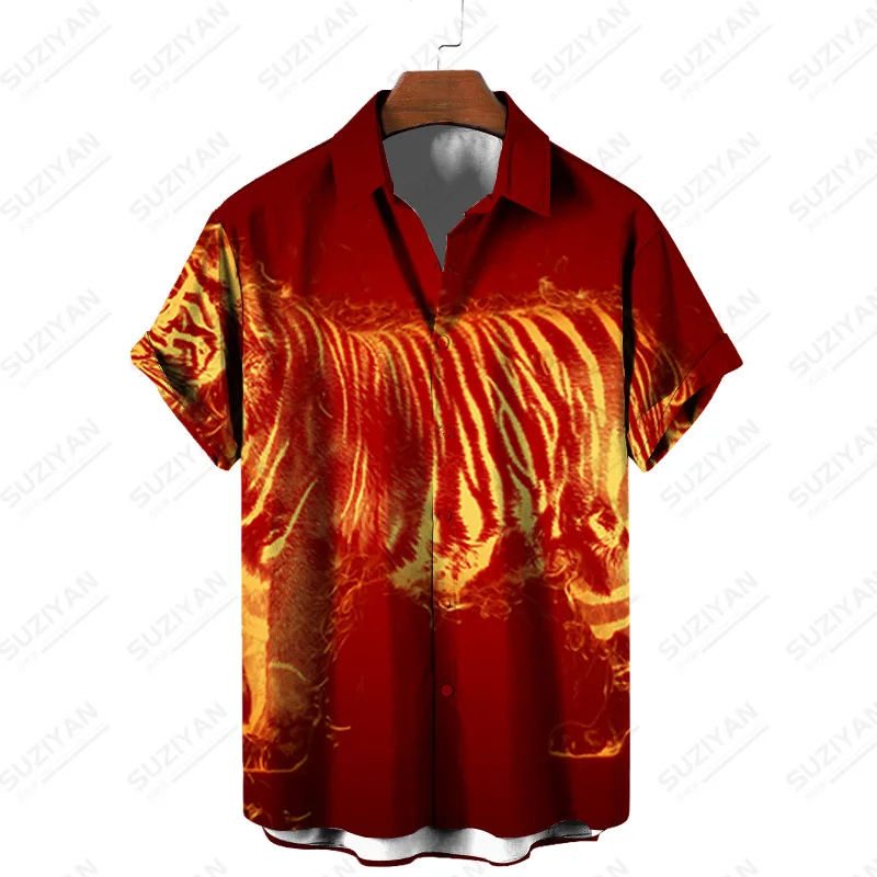

Men's Shirts Hawaiian Shirts Animal Print Short Sleeves Fire Tiger Pattern Tops Casual Fashion Men's Clothing Summer Loose Shirt
