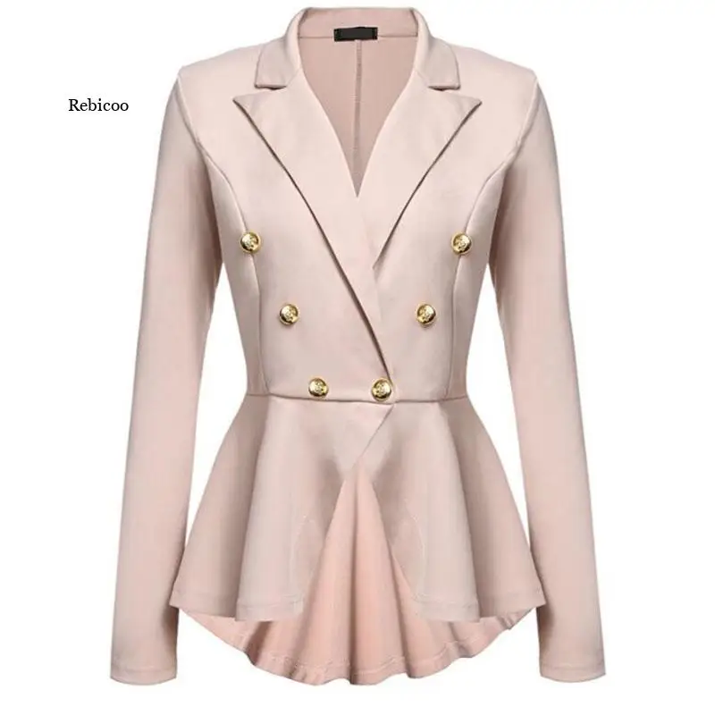 

Autumn New Women Small Suit Button Double Row Metal Buckle Long Sleeved Self-cultivation Elegent Temperament Short Blazer Female