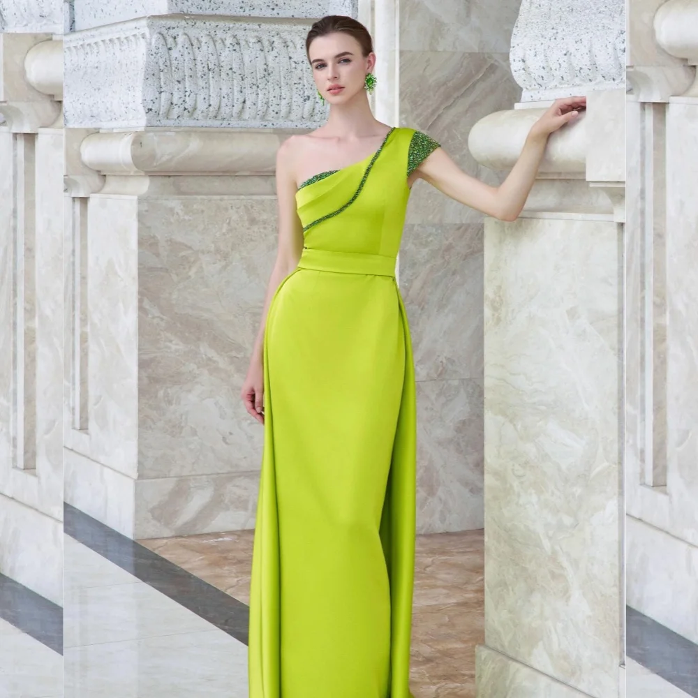 

Sexy Satin Pleat Sequined Straight One-shoulder Long Dresses Quinceanera Dresses Pastrol Chinese Style Retro Exquisite Matching