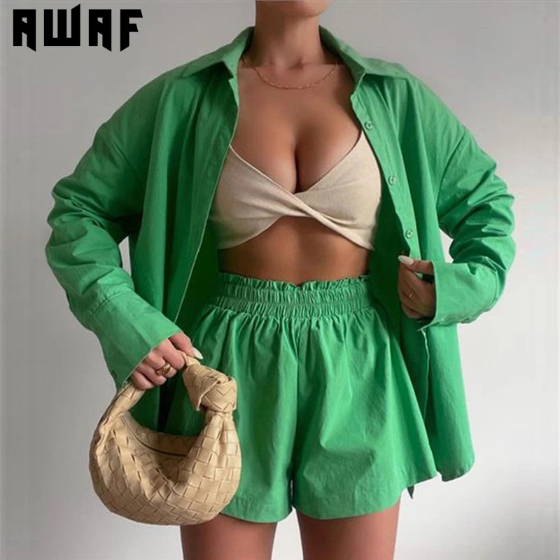 lounge wear AWAF Cotton Casual Women Two Piece Loose Short Sets Summer Sexy High Waist Fashion Green Shirt Suit Orange Pink High Street Set shorts co ord