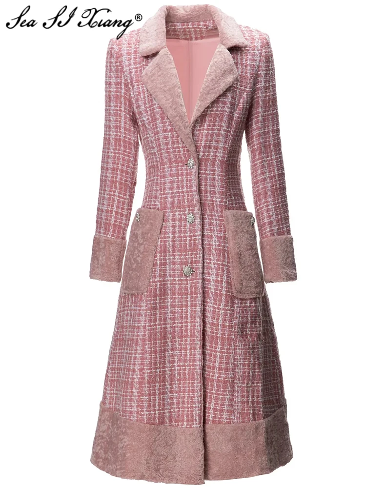 

Seasixiang Fashion Designer Winter Plaid Tweed Coat Women Long Sleeve Crystal Single Breasted Pockets High Street Outerwear