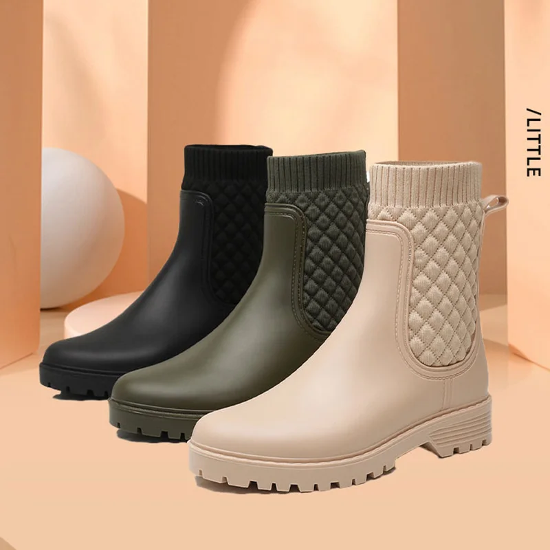 

Rainboots Women New Plaid Casual Women's Boots Fashion Mid-Calf Rain Boots Water Shoes Women's Slip-On Mid-tube Adult Rainboots