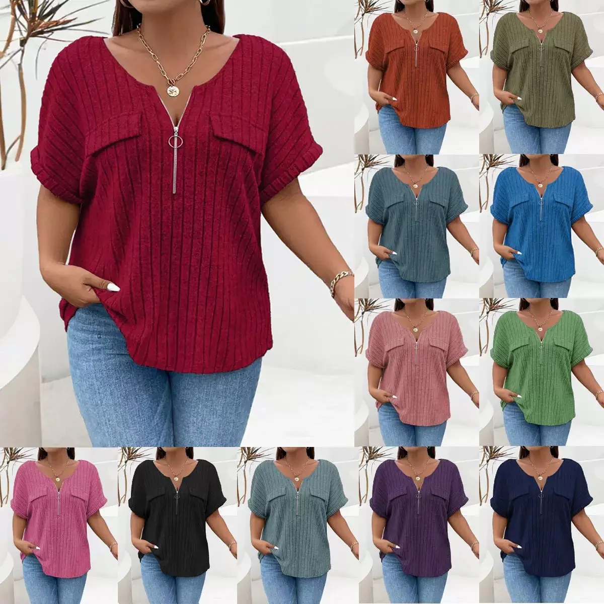 Women Round Collar Short Sleeve Knitwear Loose Tshirt