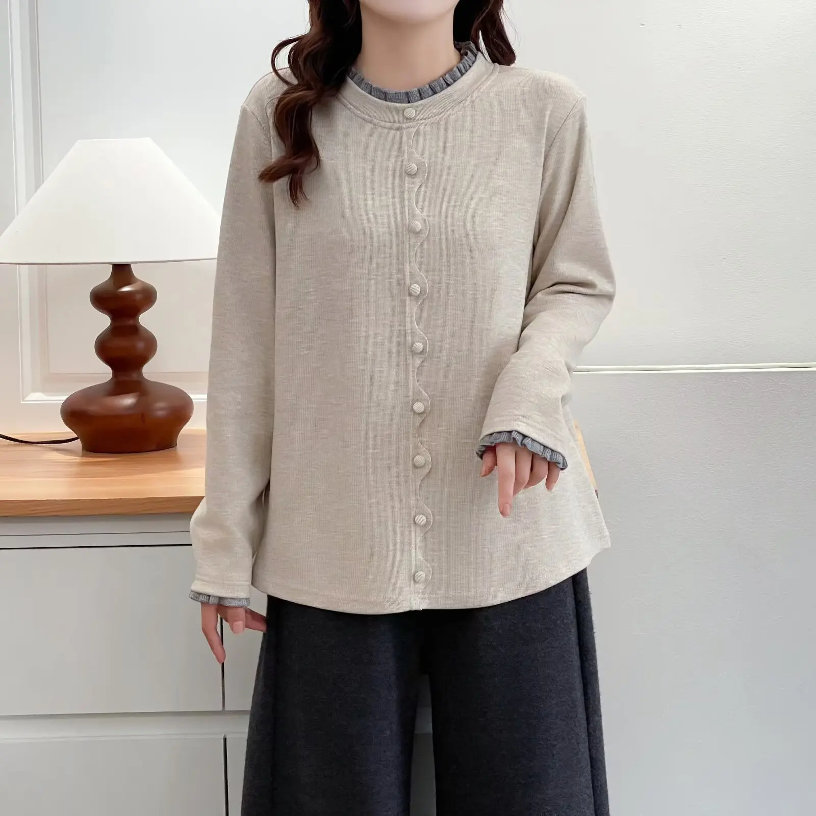 XXXXL Fashion Plus Size Women's T-Shirt Autumn Winter 2025 Casual Fleece Warm Block Color Ruffled Collar Long Sleeved Tops 2552