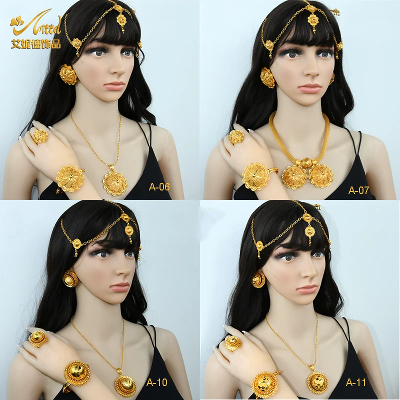 Bridal Jewelry Sets for ANIID Dubai Ethiopian Flower Shape Plated 6pcs for Women Nigerian Luxury Necklace Wedding Party Gifts