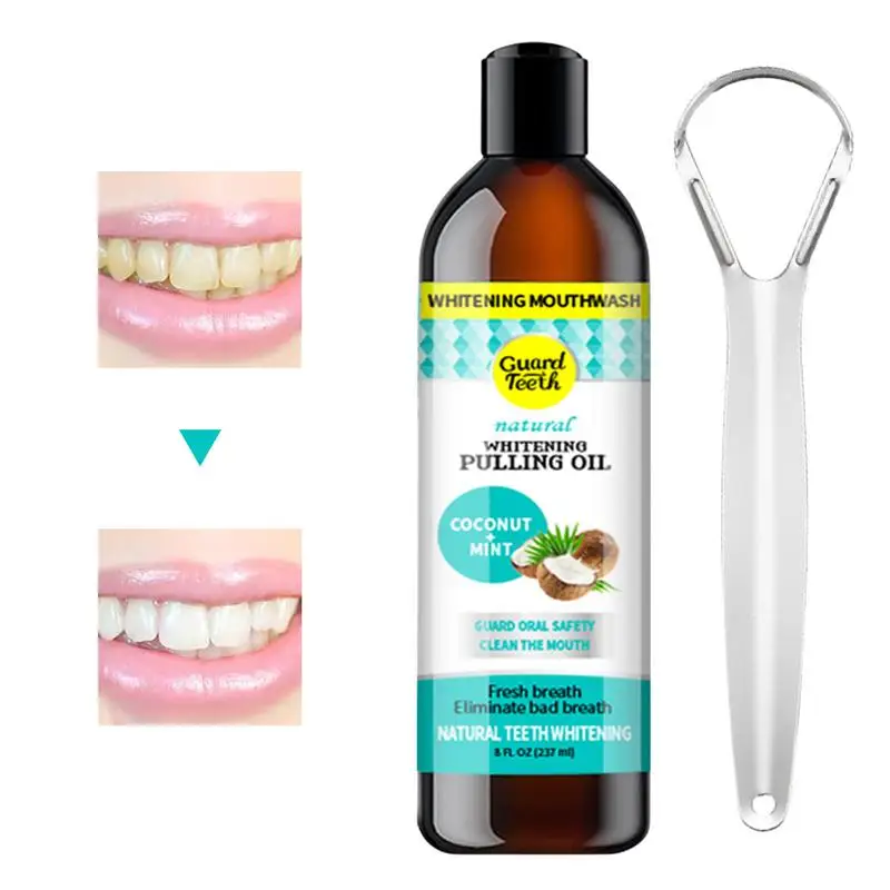 237Ml Tirando L'Olio Di Cocco Collutorio Schiarente Collutorio Senza Alcool Sbiancamento Dei Denti Alito Orale Fresco Set Di Raschietti Per Lingua